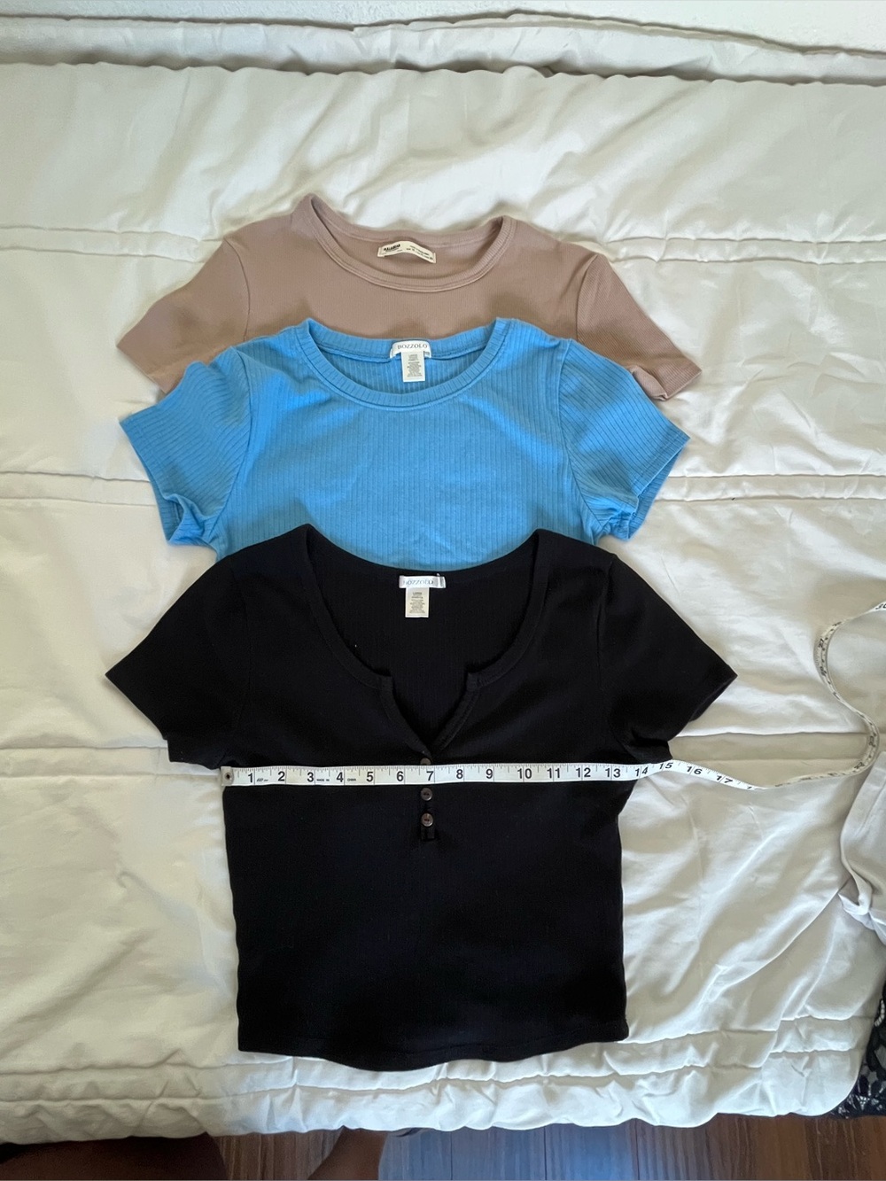Stack of Cropped Ribbed Short Sleeve Tops - Black, Blue, Taupe - Picture 2 of 8